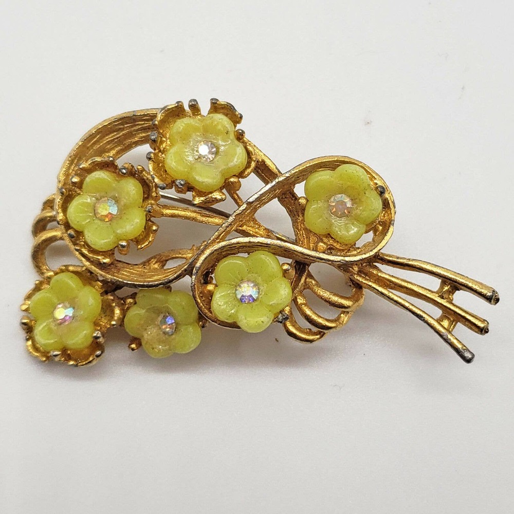 Vintage Gold Jeweled Green Flower Spray Brooch Pin